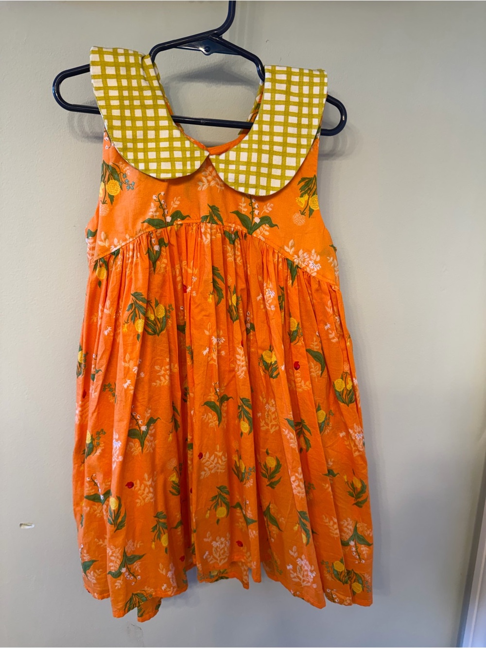 Vintage Orange Floral Dress with Yellow-Check Peter Pan Collar